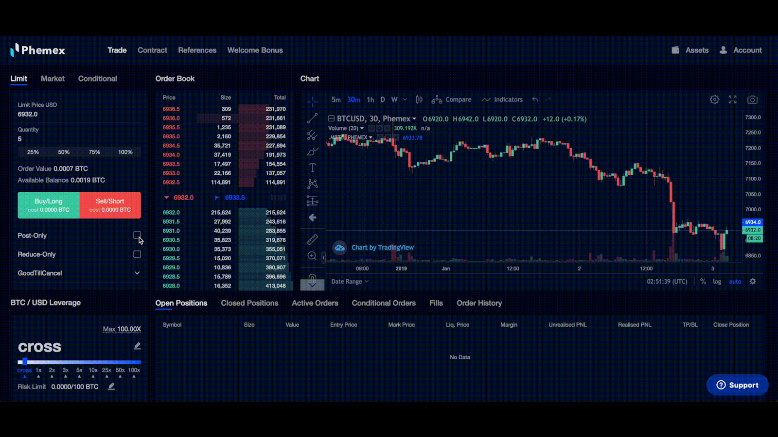 Phemex trading interface