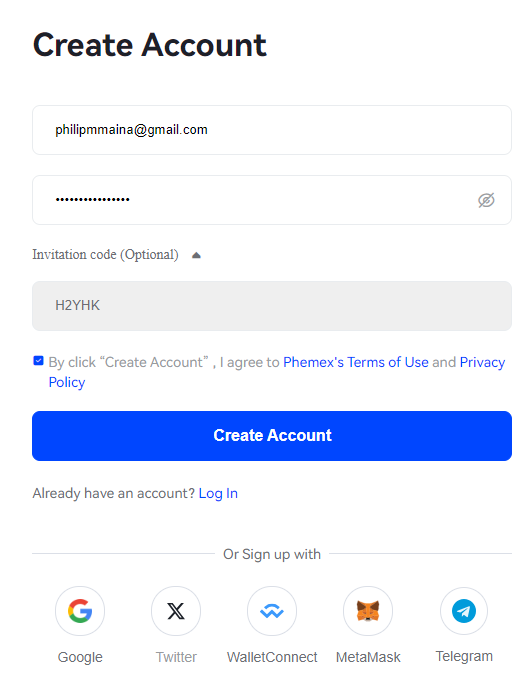 Phemex Sign Up Page