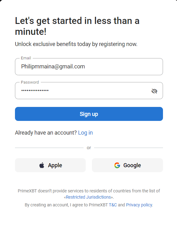 PrimeXBT Signup Page