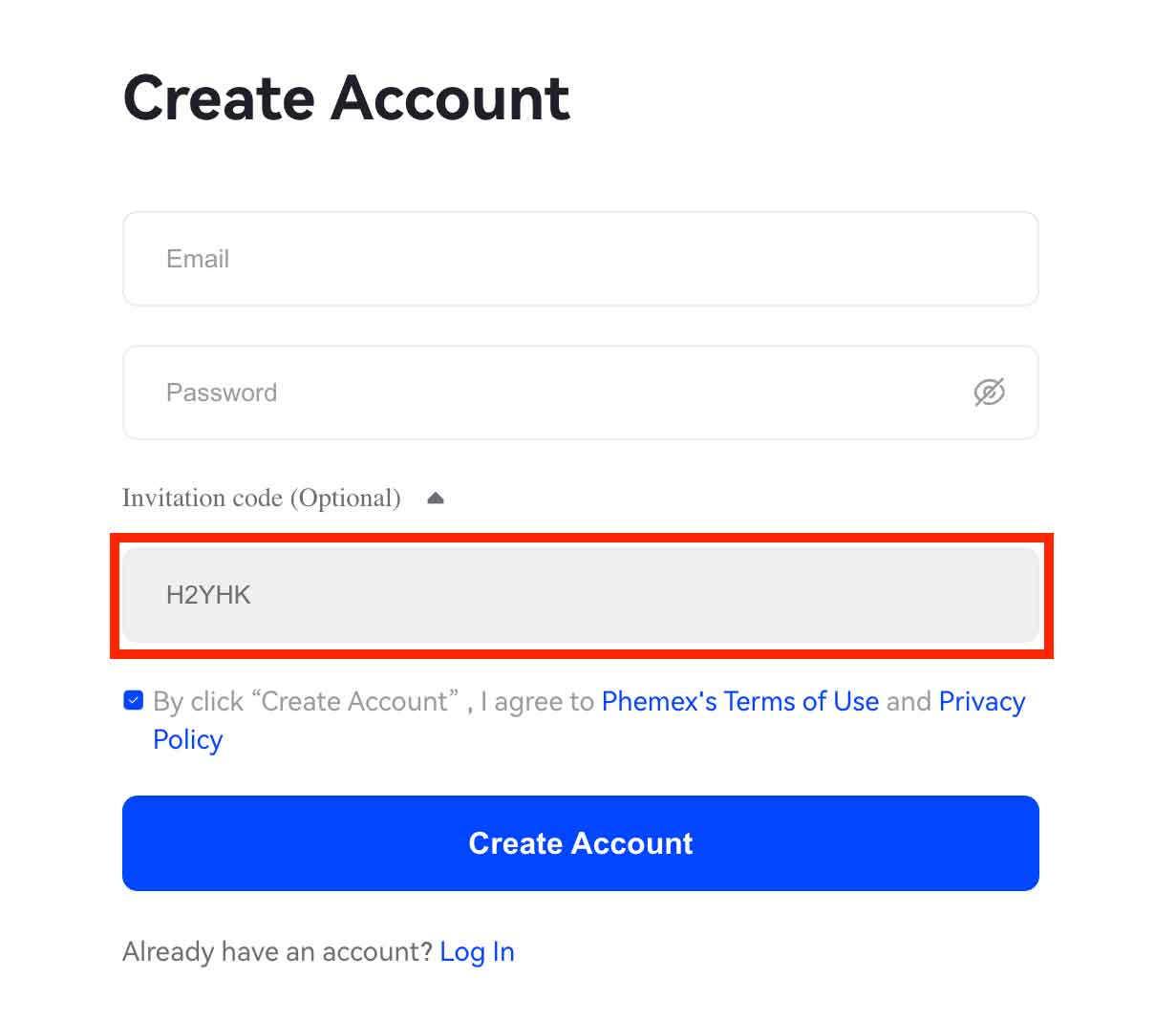 página de registro de Phemex