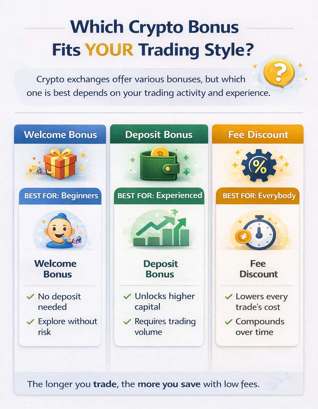 Infographic showing which crypto bonus is best for beginners, active traders, and high-frequency traders, comparing welcome bonuses, deposit bonuses, and fee discounts.