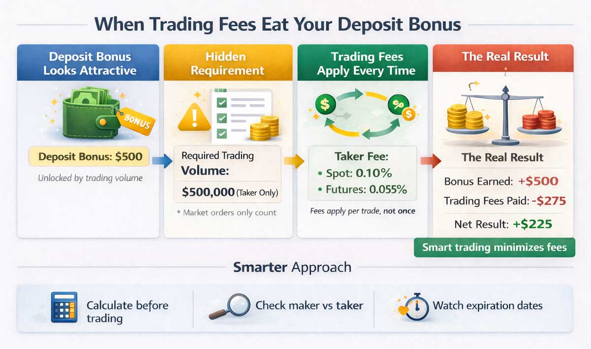 Infographic showing how trading fees impact a crypto deposit bonus, including required trading volume, taker fees, and net profit calculation.