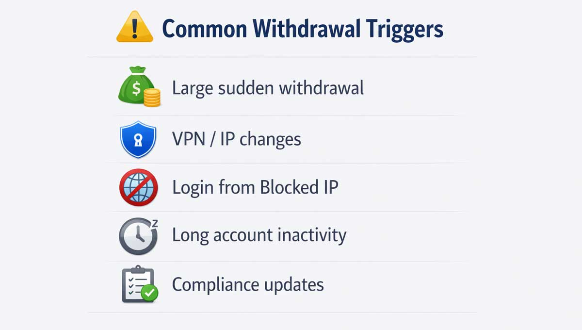 Simple warning card showing common crypto withdrawal triggers such as large withdrawals, VPN or IP changes, blocked IP logins, account inactivity, and compliance updates.