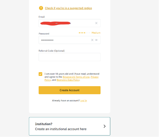 Binance.US Sign up Page